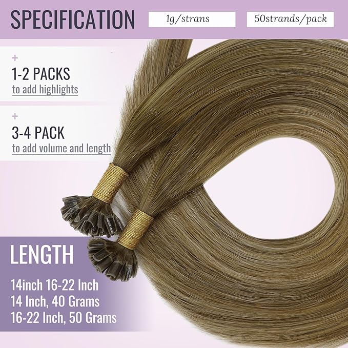 Fshine Nail Tip Hair Extensions Ombre 16 Inch K Tip Human Hair Extensions Brown Fading to Caramel Blonde and Dark Brown Balayage Remy Keratin Bondings Extensions 50g/50s