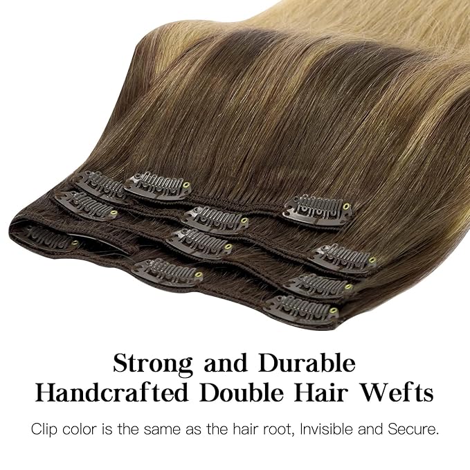 HOTBANANA Human Hair Clip in Hair Extensions, Balayage Chocolate Brown to Dirty Blonde 120g Clip in Hair Extensions Real Human Hair Straight Remy Hair Clip Ins Dark Roots Ombre 14 Inch 7pcs
