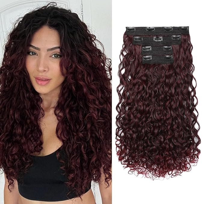 REECHO Curly Hair Extensions - 4PCS 18" GoGo Curly Clip in Hair Extensions 100% Super Protein Hairpieces with Invisible Lace Weft Silky Soft Natural Look for Women - Wirn Red