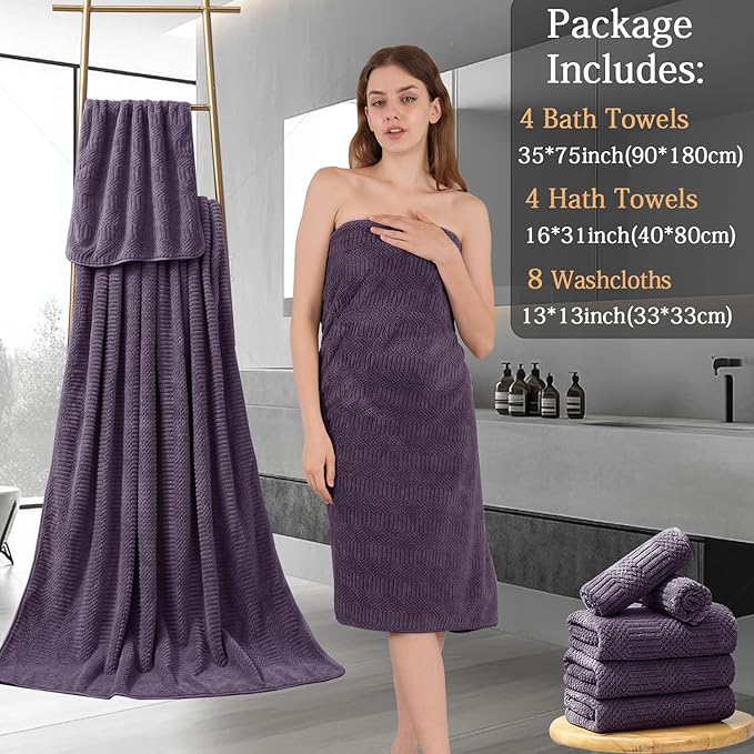 Ycosy 4 Pack Extra Large Microfiber Bath Towels Set,35x70 inches,600GSM,Less Lint Highly Absorbent Super Soft & Quick Dry,Oversized Bath Towels,Perfect for Bathroom Gym Pool,Dark Purple