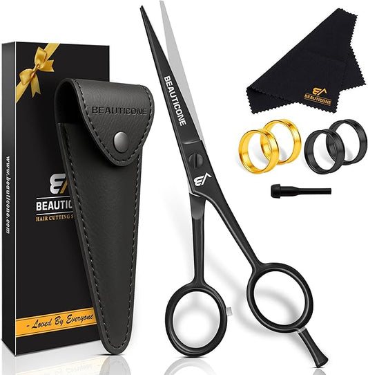 BEAUTICONE ® Hair Cutting Scissors - High Carbon SS 6.5" Professional Barber-Grade Salon Shears with Serrated & Razor Edge - Black Premium Gift Box with Leather Pouch & Extra Accs - Ultra Lightweight