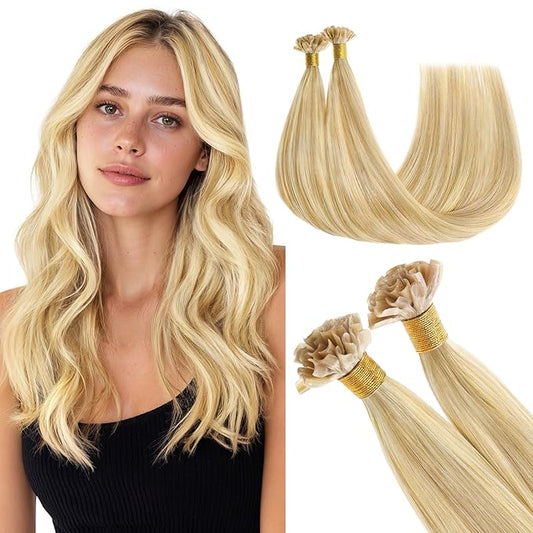 GOO GOO U Tip Hair Extensions Real Human Hair, Double Volume 100g 100S, 22 Inch Hot Fusion U Tip Extensions, Invisible Remy Hair, 18D/22F Dirty Blonde Highlights