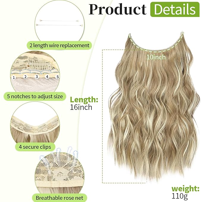 KooKaStyle Invisible Wire Hair Extensions with Transparent Wire Adjustable Size 4 Secure Clips 16 Inch Long Wavy Secret Hairpiece(Dark Ash Blonde mix Light Blonde Highlights)