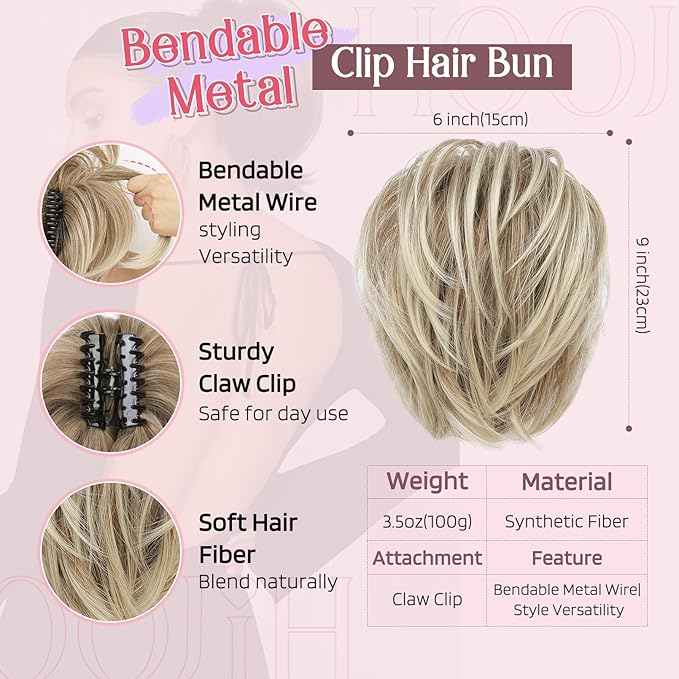 HOOJIH Messy Bun Hair Piece, Claw Clip in Straight Hair Bun 9 Inch Short Ponytail Extension with Bendable Metal Wire Hair Pieces for Women Fake Pony DIY Styles - Light Ash Brown with Blonde mixed