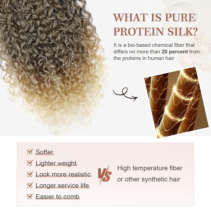 Clip in Hair Extensions, FLUFYMOOZ 4PC 100％ Pure Protein Silk Hair Extensions Long Soft Natural Hairpiece 20 Inch Curly Hair Extension for Women Medium Brown to Ombre Honey Blonde
