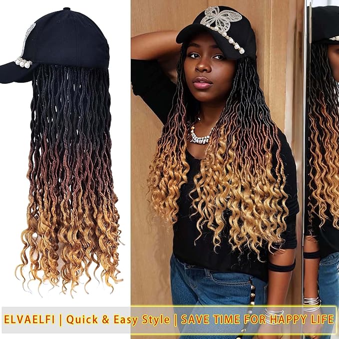 Bling Butterfly Cap w/20 inch Goddess Curls Faux Locs Crochet Hair Extensions, Ombre Brown Wigs with Curly Ends