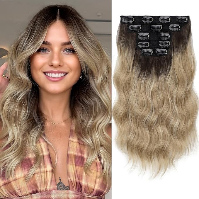 KooKaStyle Short Hair Extensions 6PCS 14 Inch Wavy Curly Hairpieces Synthetic Soft Lace Weft Clip in Hair Extensions-Ombre Brown to Mixed Blonde for Women