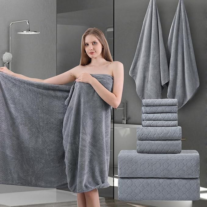 Ycosy 8-Piece Bath Towels Set,2 Oversized Bath Sheet,2 Hand Towels and 4 Washcloths - 600 GSM Soft Microfiber Highly Absorbent Quick Dry Bath Sheet Collection for Bathroom Hotel and Spa,Grey