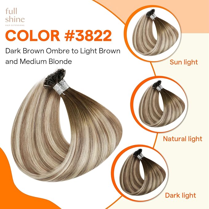 Full Shine U Tip Hair Extensions Human Hair Color 3 Medium Brown Ombre to 8 Ash Brown and 22 Honey Blonde 16 Inch 50 Grams K Tip Hair Extensions ReaL Human Hair for Women add Volume