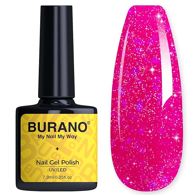 BURANO Glitter Gel Nail Polish - LED UV Curing, Holographic Effect, No Chip Sparkle Gel - Hot Pink (LP14)