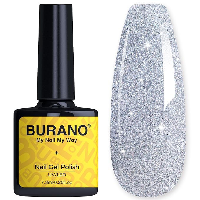 BURANO Glitter Gel Nail Polish - LED UV Curing, Holographic Effect, No Chip DiY Silver Nail Gel LP61
