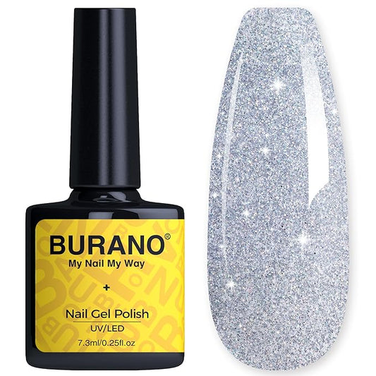 BURANO Glitter Gel Nail Polish - LED UV Curing, Holographic Effect, No Chip DiY Silver Nail Gel LP61