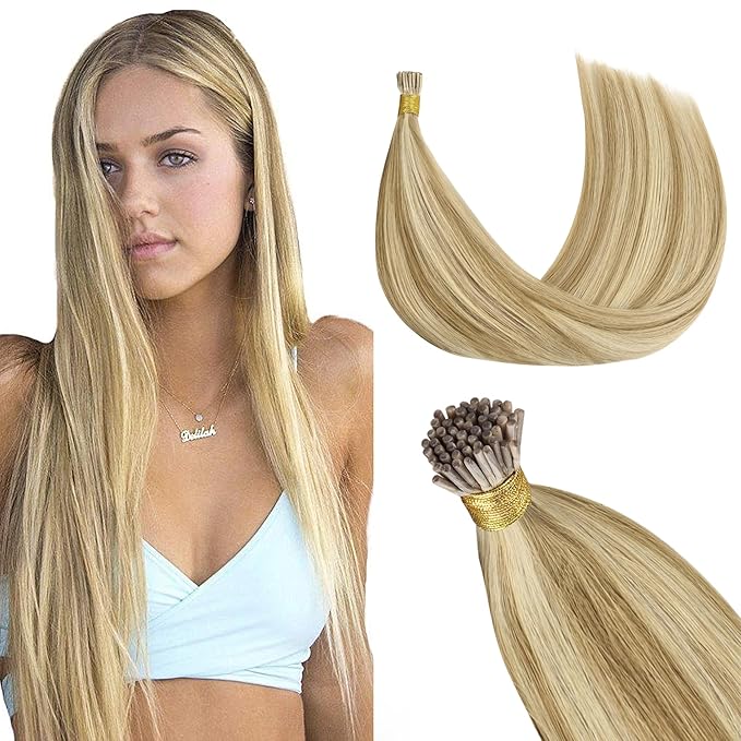 GOO GOO I Tip Hair Extensions Real Human Hair, 24inch 50g 50S, Cold Fusion I Tip Hair Extensions, Invisible Remy Hair Extensions, 16/22 Light Blonde Highlighted Golden Blonde