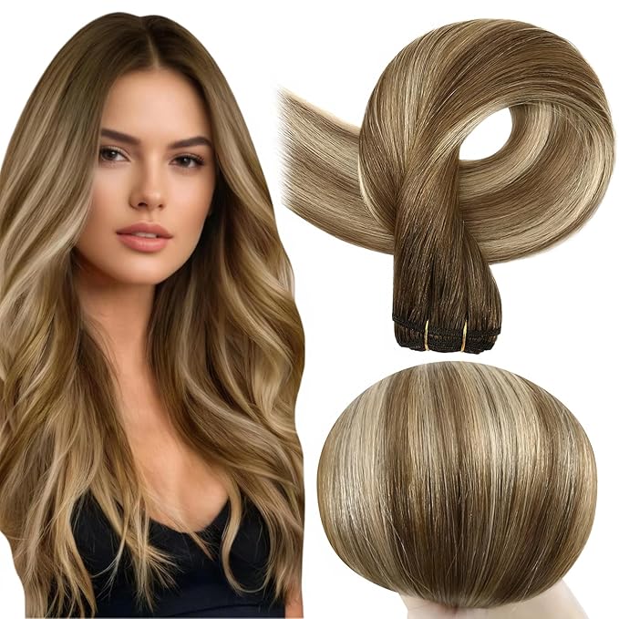 Full Shine Sew In Hair Extensions Real Human Hair Color #4/27/60/8 Weft Human Hair Extensions Remy Straight Hair 18 Inch 105G Soft Sily Human Hair Bundles