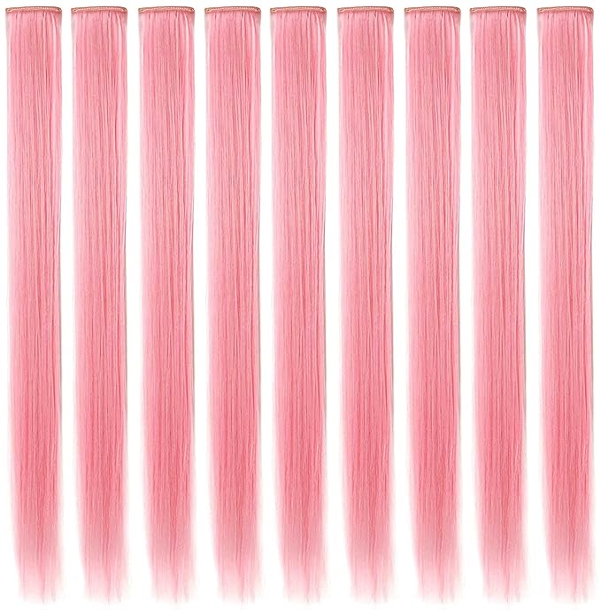 Rhyme 9 PCS Smoke Pink Hairpieces Colored Hair Extensions Clip in/on for America Girls and Women Wig Pieces Princess Party Highlight (Light Pink)