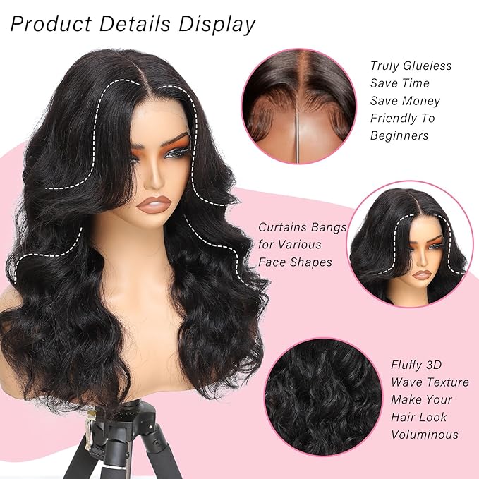 Layered Curtain Bangs Face-Framing Glueless Wigs Human Hair Loose Body Wave 13x6 PartingMax HD Lace Wig Pre-Everything Pre Plucked Pre Cut Human Hair Wigs 18inch