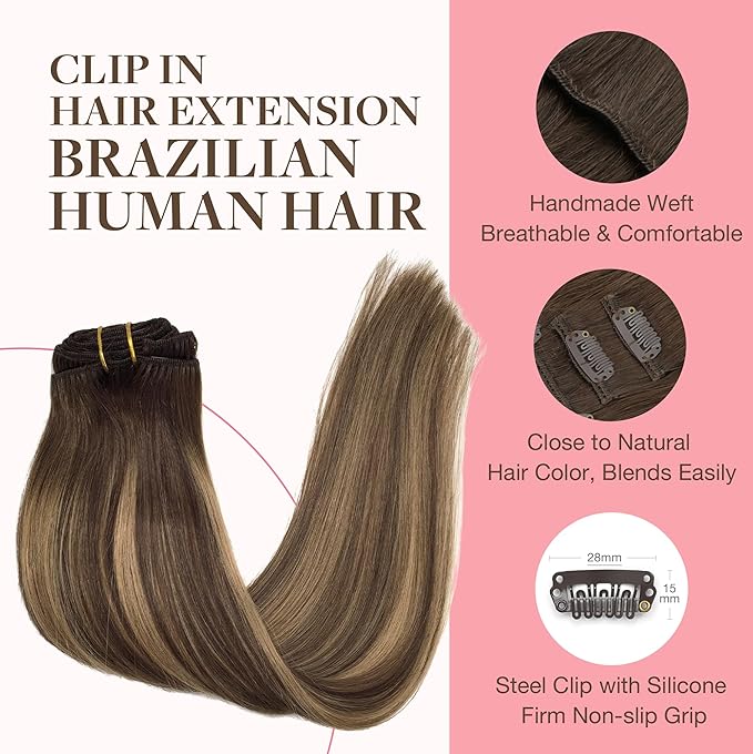 GOO GOO Clip in Hair Extensions Real Human Hair, Remy Human Hair Extensions Clip ins for Women, Natural Human Hair, 22inch 170g 7Pcs, #4/27/4 Balayage Chocolate Brown to Caramel Blonde