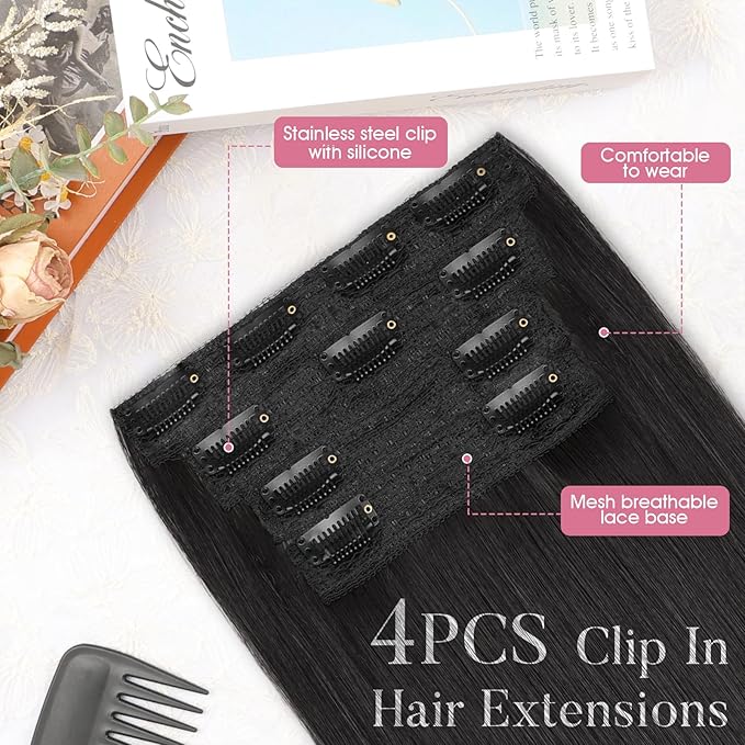 Clip in Synthetic Hair Extensions Long straight 4PCS Thick Hairpieces Nature Black Fiber Double Weft Natural Hair Extensions 22 Inch for Women