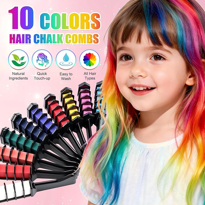 Festive Fun Hair Chalk Combs,2026 NewTemporary Glitter Hair Colors Hair Chalk Combs,Hairs Chalk for Girl,Washable DIY Hair Color Dye for Birthday Christmas Party Gifts for Teenage Girls Kid(10 Colors)