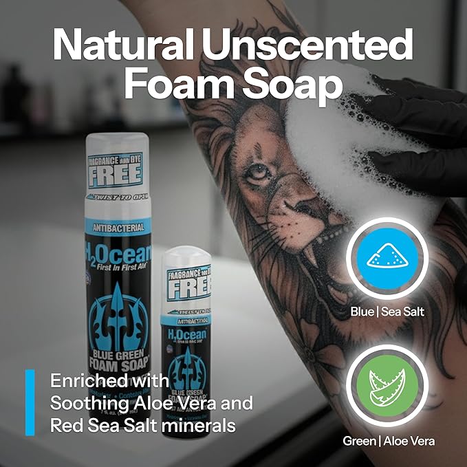 H2Ocean Blue Green Foam Soap - Foam Antibacterial Aftercare - Tattoo Care with Aloe Vera - Travel-Size Tattoo Moisturizer Soap - 1.7 oz