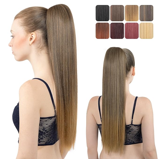 Ponytail Extension, 24" Long Straight Claw Clip Ponytail Extension clip on ponytails hair clip Hair claw clip Fake Ponytail Hairpieces for Women – Dark Brown with Golden Blonde End