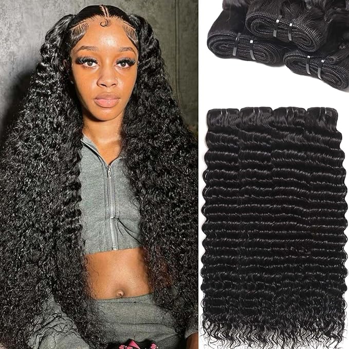 Deep Wave 4 Pcs Human Hair 100% Unprocessed Brazilian Virgin Remy Hair Bundles 12A Deep Curly Weave Human Hair Bundles Double weft Deep Wave Natural Black Color 24 26 28 30 lnch
