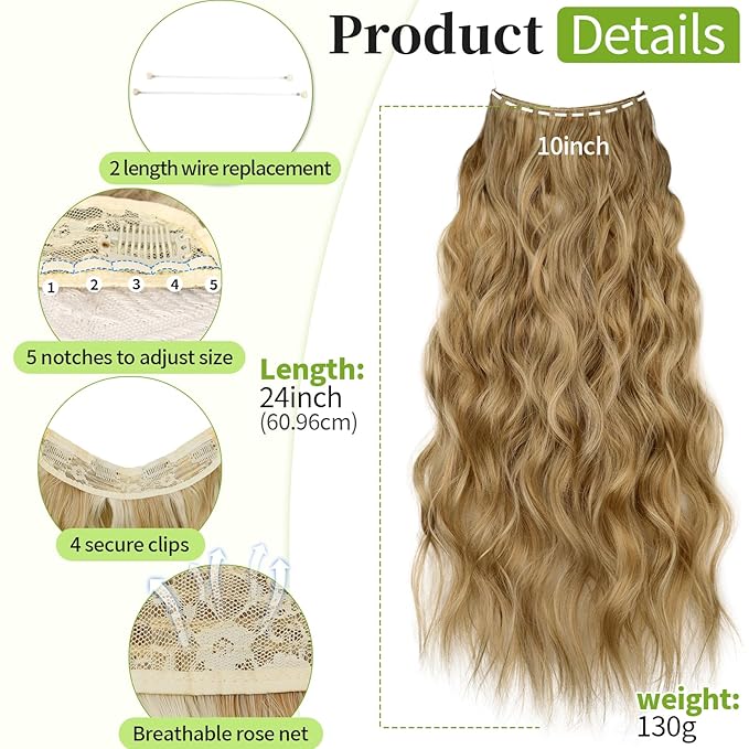 KooKaStyle Invisible Wire Hair Extensions with Transparent Headband Adjustable Size 4 Secure Clips Long Wavy Secret Wire Hairpiece 24 Inch 112#Honey Blonde for Women