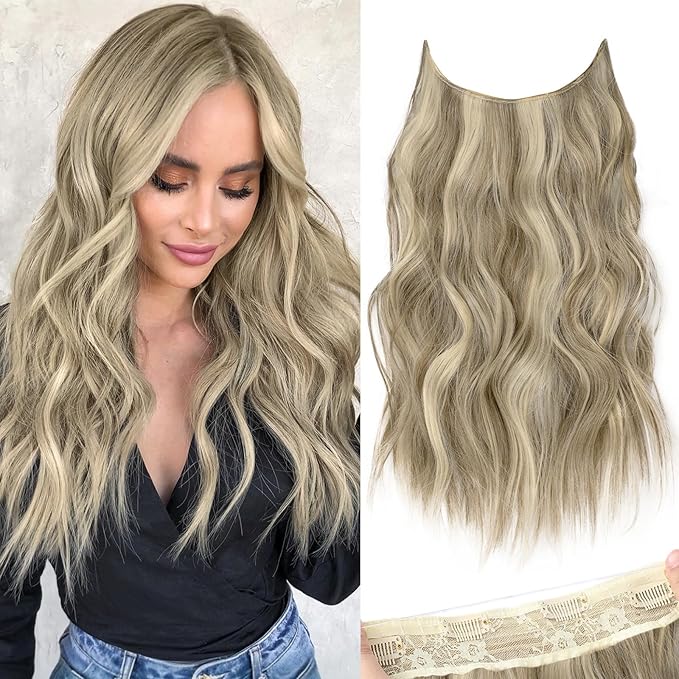 KooKaStyle Invisible Wire Hair Extensions with Transparent Headband Adjustable Size 4 Secure Clips Long Wavy Secret Wire Hairpiece 16 Inch 9H60A#Ash Brown mix Platinum Blonde for Women