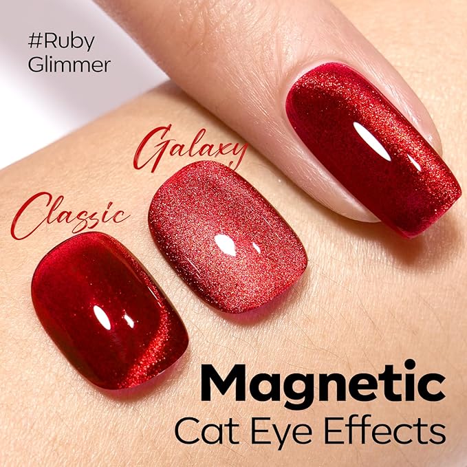 modelones Red Cat Eye Gel Nail Polish Magnetic Glitter Holographic Red Ruby Christmas Polish Reflective Jelly Translucent UV Gel Manicure 15 ML