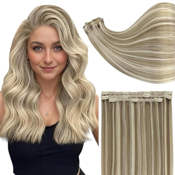 Full Shine Real Hair Extensions Clip in Human Hair Double Weft Blonde Human Hair Extensions Brown with Blonde Highlights Clip in Human Hair Remy Straight Hair 14 Inch 3 PCS 60 Grams