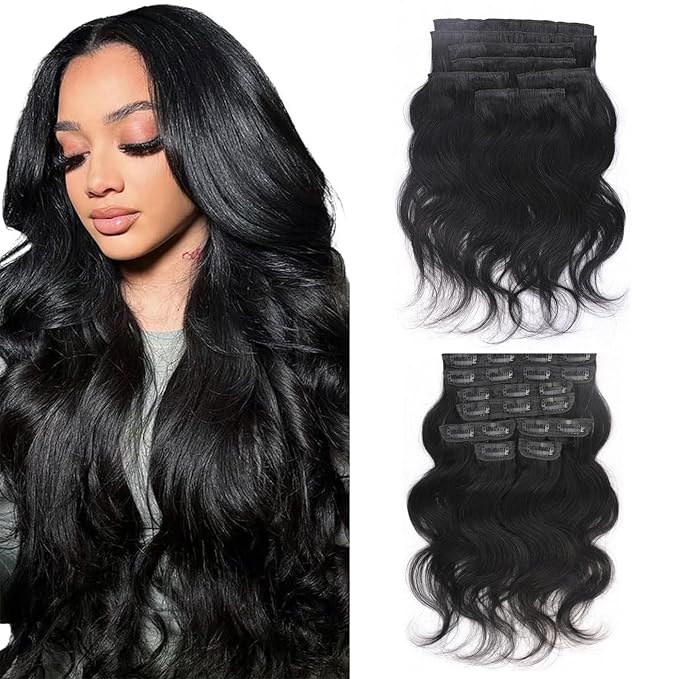 Body Wave Brazilian Clip in Hair Extensions Human Hair 8Pcs Remy Hair Extensions Clip ins for Black Women with 20 Clips 110g (18 Inch, Natural Black)