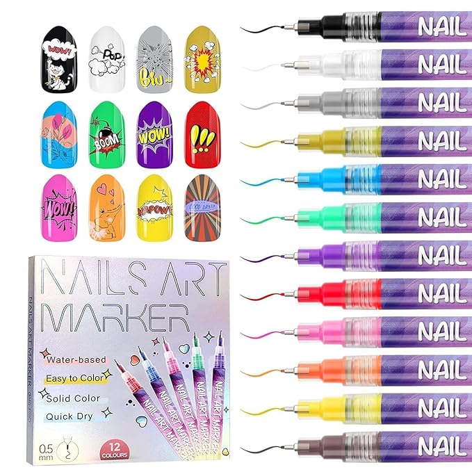 12 Color Nail Art Pens 0.5 MM Nail Polish Pens Set Drawing Painting Point Liner Acrylic Painted Pen Kit Waterproof and Quick-drying Nail for DIY Nails Art Design Manicure Tools (Pattern Templates)