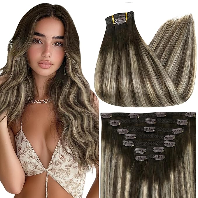 Full Shine Hair Extensions Real Human Hair Clip ins Balayage 24 Inch Clip in Hair Extensions Dark Brown to Blonde Real Hair Extension for Styling 7 Pcs 120 G