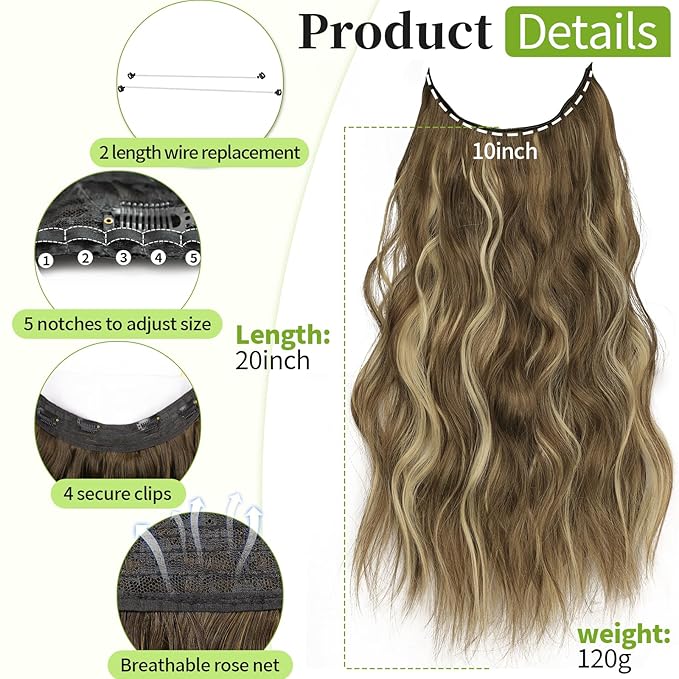 KooKaStyle Invisible Wire Hair Extensions with Transparent Headband Adjustable Size 4 Secure Clips Long Wavy Secret Wire Hairpiece 20 Inch for Women(Medium Brown with Blonde)626D#