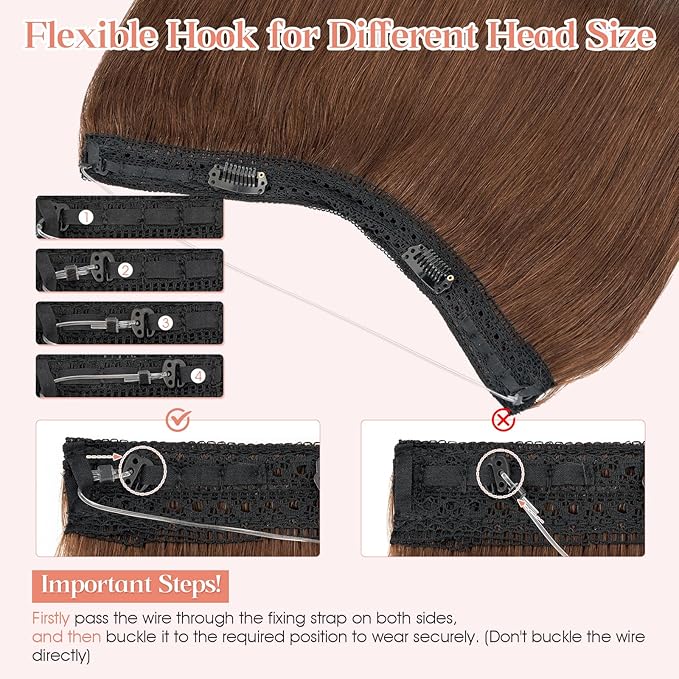 Hairro Wire Hair Extensions Human Hair, Fish Line Invisible Adjustable & Clips in Extensions Straight, 100% Real Hairpieces Seamless Blending for Women, 16 Inch 80g Medium Brown