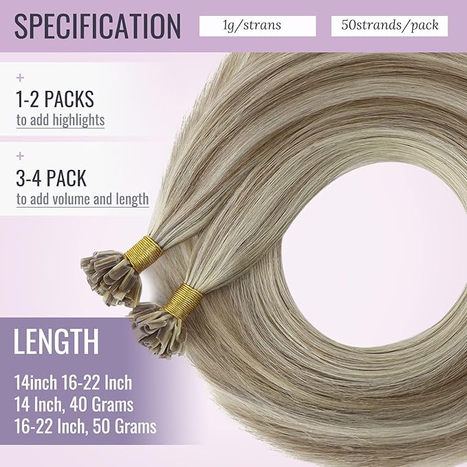 fshine Pre Bonded Hair Extensions 20 Inch Keratin U Tip Highlighted Light Brown Mixed Platinum Blonde Nail Human 1g/s Hot Fusion Real For Women 50 gm 1.7637 Ounce 54