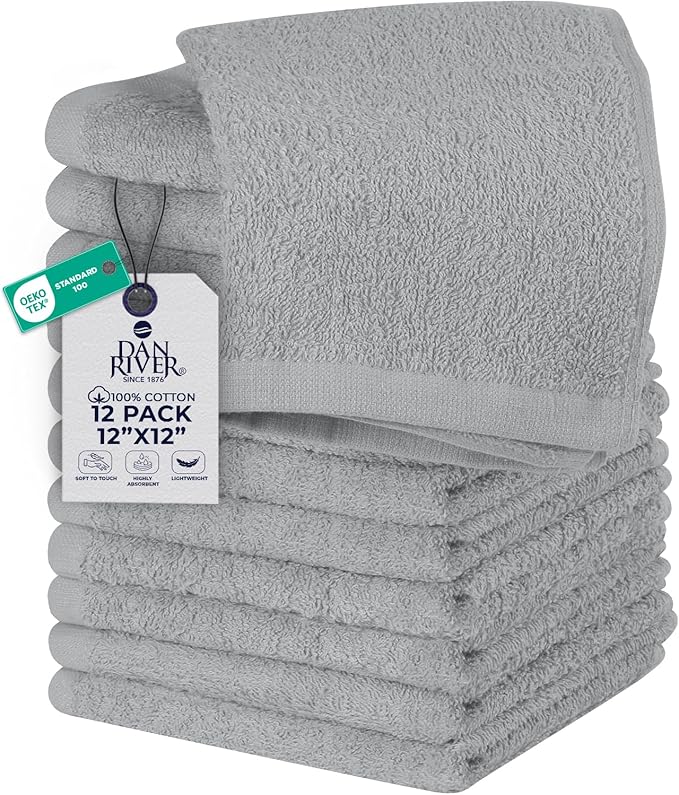 DAN RIVER 12 Pack Wash Cloths for Showering [12x12] - 100% Cotton Washcloths Premium Quality Flannel Face Cloths for Bathroom, Highly Absorbent and Soft Feel Wash Clothes, Silver