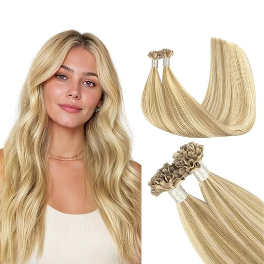 GOO GOO U Tip Hair Extensions Real Human Hair, Double Volume 100g 100S, 22 Inch Hot Fusion U Tip Extensions, Invisible Remy Hair, 16/22 Light Blonde Highlighted Golden Blonde