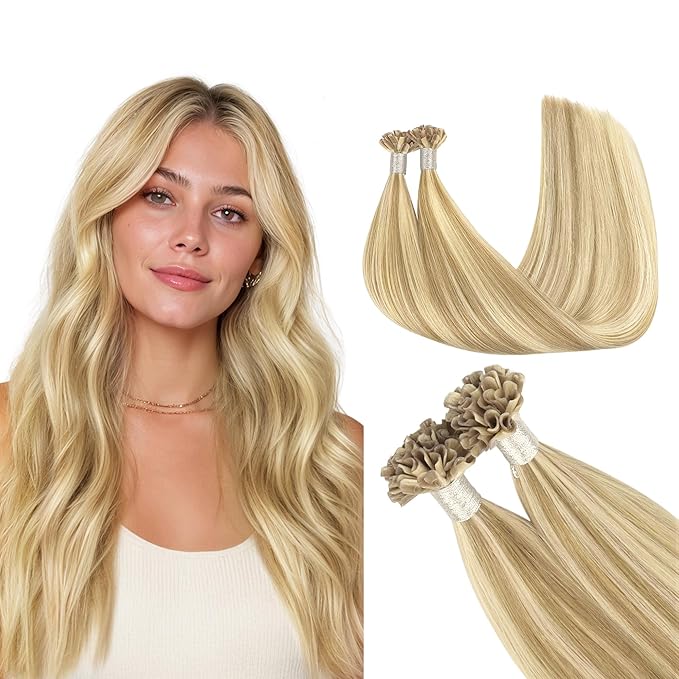 GOO GOO U Tip Hair Extensions Real Human Hair, Double Volume 100g 100S, 24 Inch Hot Fusion U Tip Extensions, Invisible Remy Hair, 16/22 Light Blonde Highlighted Golden Blonde