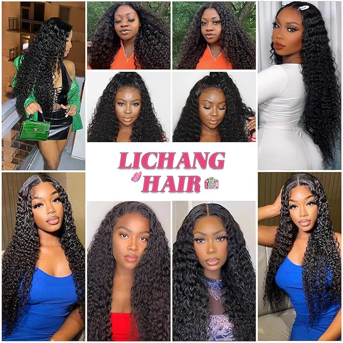 LICHANG Deep Wave 4x4 Transparent Lace Front Wigs Human Hair for Black Women Pre Plucked 180% Density Nature Color 30 Inch