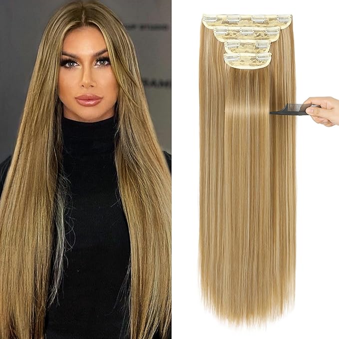REECHO 28" Straight Long 4 PCS Set Thick Clip in on Hair Extensions - Golden Blonde with Highlights