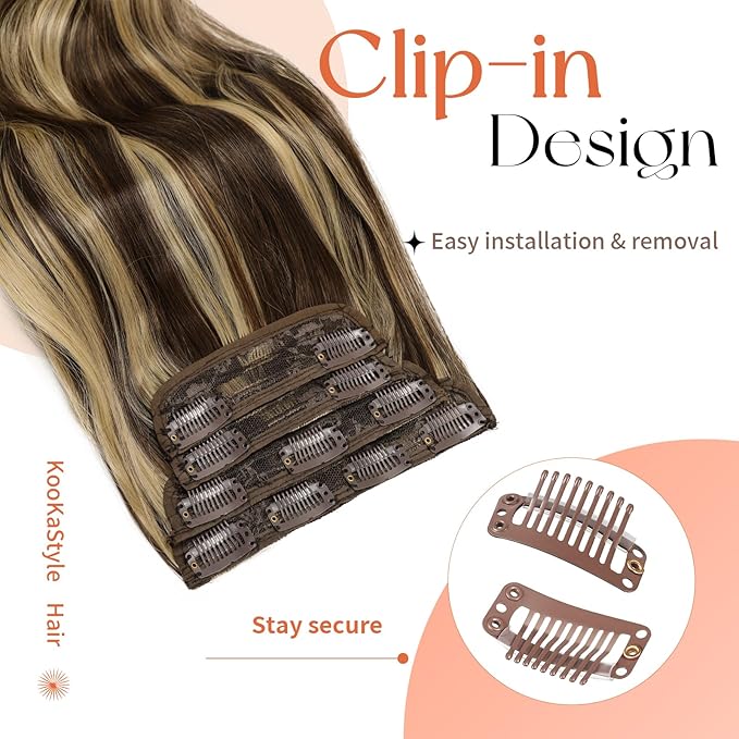 Kookastyle Clip in Hair Extensions 4 pcs Natural Long Synthetic Curly Hairpieces Layered Soft Invisible for Women Balayage Medium Brown to Golden Blonde 20 Inch
