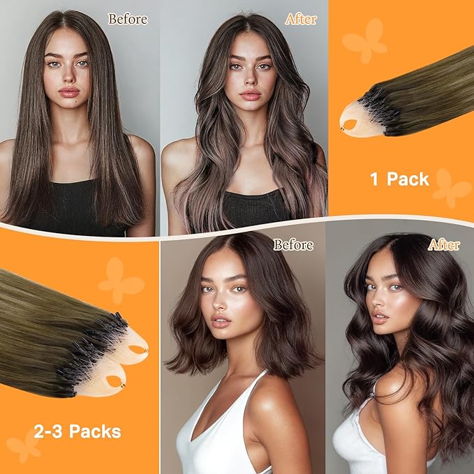 DOORES Hair Extensions Short Human Hair Extensions, Balayage Walnut Brown to Ash Brown and Bleach Blonde 14 Inch 50g/50s, Micro Bead Hair Extensions