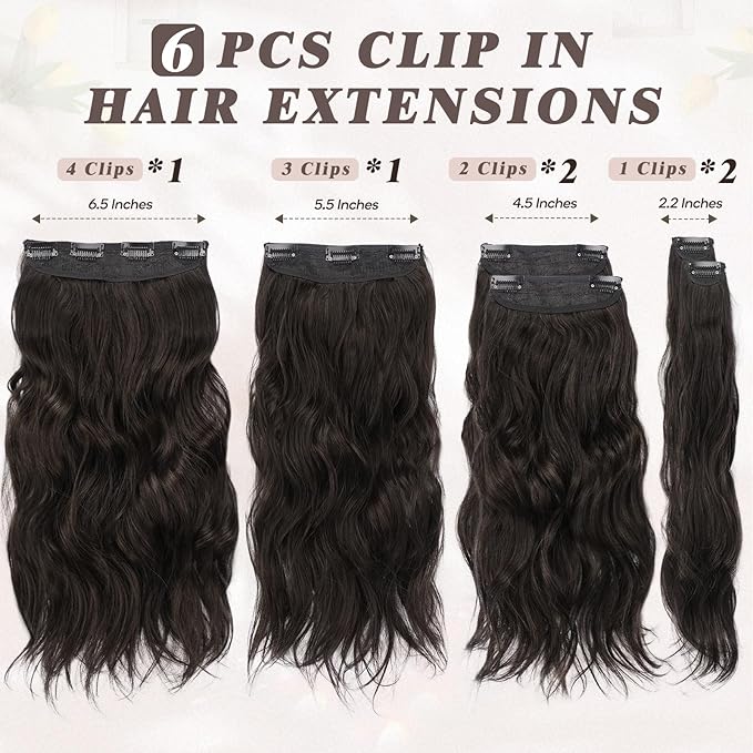 BARSDAR Beach Wavy Dark Brown Clip in Hair Extensions – 16 Inch 6PCS Thick Soft Synthetic Hairpieces, Full Head Clip in Hair Extensions for Women – Voluminous Easy Wear Daily Party - Dark Brown