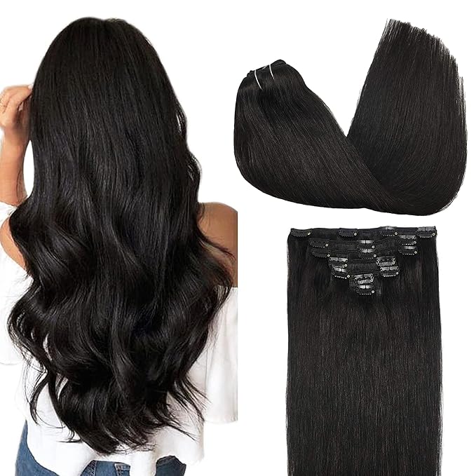 GOO GOO Clip in Hair Extensions Real Human Hair, Remy Human Hair Extensions Clip ins for Women, Natural Human Hair, 16inch 120g 7Pcs, 1B Natural black