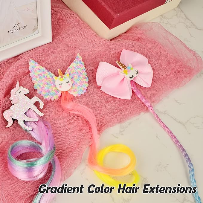 Ideal Swan 6 Set Unicorn Hair Extensions Clip - Colorful Curly Hair Extensions for Girls, Cute Unicorn Accessories Hair Clips for Kids Ponytails, Rainbow Thick Wig Clip in Fake Bangs (Curly Hair)
