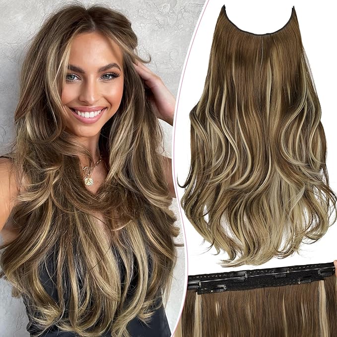 Invisible Wire Hair Extensions with Transparent Wire Adjustable Size 4 Secure Clips Long Wavy Secret Hairpiece 20 Inch for Women(Light Brown with Caramel Blonde)