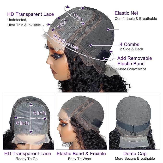 Curly Closure Wig Human Hair 5x5 HD Transparent 22 Inch Glueless Kinky Curly Wig ReadytoGo Pre Plucked for Black Women 5x5 Invisible Deep Curly Lace Front Wigs Wear and Go