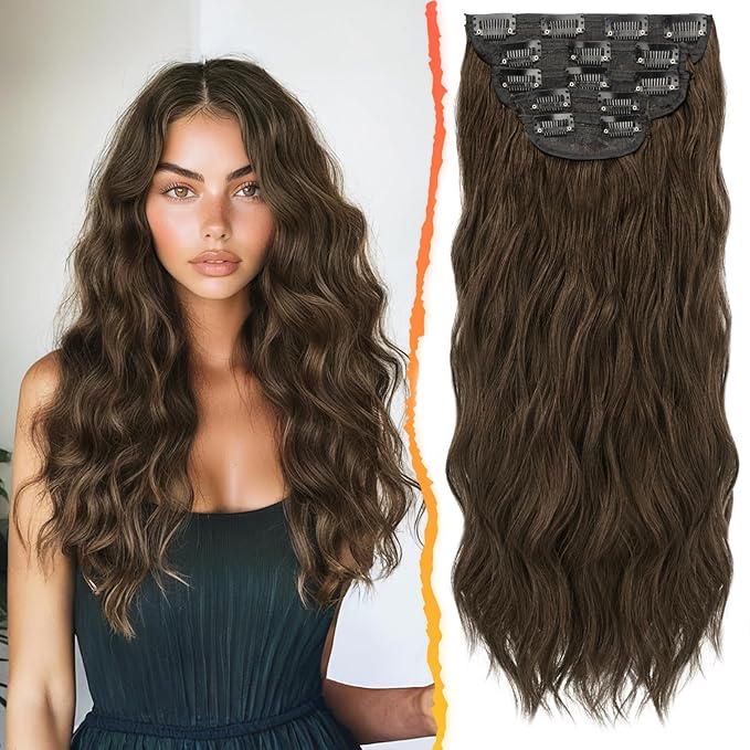 BARSDAR Long Wavy Clip in Hair Extensions - 20 Inch Brown Hair Extensions Clip in for Women - 5PCs Thick Soft Synthetic Loose Wavy Hairpieces Daily Party Halloween – Brown