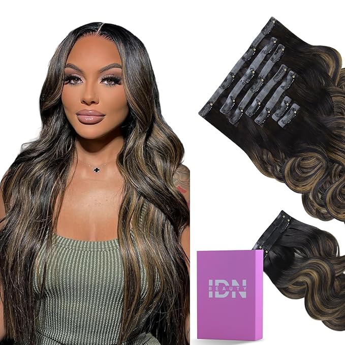 IDN BEAUTY Seamless Clip In Hair Extensions Human Hair Body Wave 150g 1B/6/1B Balayage Natural Black to Chestnut Brown Remy Hair Seamless Clip Ins For Black Women PU Invisible Edge 24 Inch 9pcs